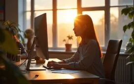 In einem hell erleuchteten, modernen Büro sitzt eine konzentrierte junge Frau vor einem Bildschirm, umgeben von Technik und Notizen, während warme Sonnenstrahlen sanft durch große Fenster fallen und eine Atmosphäre von Innovation, Achtsamkeit und technologischem Fortschritt schaffen.