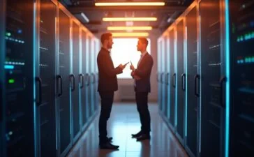 Ein warm beleuchteter, moderner Serverraum mit strahlend heller, natürlicher Beleuchtung, in dem zwei IT-Experten im Gespräch fokussiert über leistungsstarke Dell PowerStore-Hardware und Nutanix-Cloud-Lösungen stehen, umgeben von eleganter Technologie und einer Atmosphäre von zukunftsweisender Innovation und vertrauensvoller Partnerschaft.