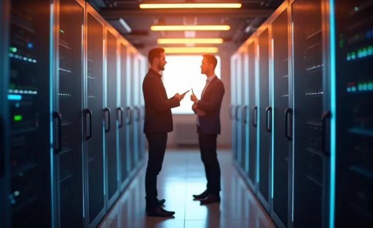 Ein warm beleuchteter, moderner Serverraum mit strahlend heller, natürlicher Beleuchtung, in dem zwei IT-Experten im Gespräch fokussiert über leistungsstarke Dell PowerStore-Hardware und Nutanix-Cloud-Lösungen stehen, umgeben von eleganter Technologie und einer Atmosphäre von zukunftsweisender Innovation und vertrauensvoller Partnerschaft.