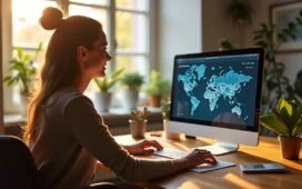 In einem hell erleuchteten, modernen Büro sitzt eine Designerin lächelnd vor ihrem Laptop, umgeben von warmen Holzmöbeln und Pflanzen, während auf dem Bildschirm ein intuitives Webdesign mit KI-gestützter Suchfunktion zu sehen ist, das die lebendige Verbindung von Mensch und Technologie in der digitalen Evolution symbolisiert.