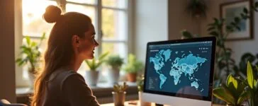 In einem hell erleuchteten, modernen Büro sitzt eine Designerin lächelnd vor ihrem Laptop, umgeben von warmen Holzmöbeln und Pflanzen, während auf dem Bildschirm ein intuitives Webdesign mit KI-gestützter Suchfunktion zu sehen ist, das die lebendige Verbindung von Mensch und Technologie in der digitalen Evolution symbolisiert.