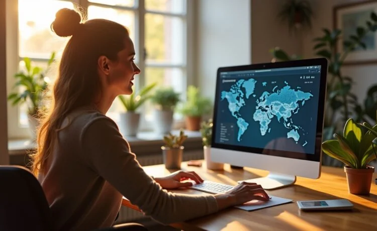 In einem hell erleuchteten, modernen Büro sitzt eine Designerin lächelnd vor ihrem Laptop, umgeben von warmen Holzmöbeln und Pflanzen, während auf dem Bildschirm ein intuitives Webdesign mit KI-gestützter Suchfunktion zu sehen ist, das die lebendige Verbindung von Mensch und Technologie in der digitalen Evolution symbolisiert.