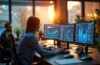 Ein hell erleuchtetes, modernes Büro mit konzentrierten IT-Profis, die in freundlicher Atmosphäre an mehreren Bildschirmen technische Daten und Netzwerk-Visualisierungen prüfen, während warmes Tageslicht durch große Fenster fällt und eine Atmosphäre von Zuversicht und Teamwork vermittelt.