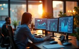 Ein hell erleuchtetes, modernes Büro mit konzentrierten IT-Profis, die in freundlicher Atmosphäre an mehreren Bildschirmen technische Daten und Netzwerk-Visualisierungen prüfen, während warmes Tageslicht durch große Fenster fällt und eine Atmosphäre von Zuversicht und Teamwork vermittelt.