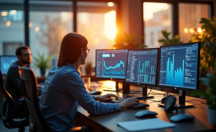 Ein hell erleuchtetes, modernes Büro mit konzentrierten IT-Profis, die in freundlicher Atmosphäre an mehreren Bildschirmen technische Daten und Netzwerk-Visualisierungen prüfen, während warmes Tageslicht durch große Fenster fällt und eine Atmosphäre von Zuversicht und Teamwork vermittelt.