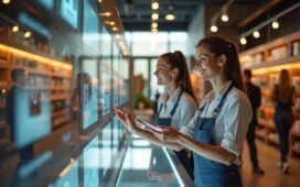Ein warm beleuchteter, moderner Einzelhandelsladen mit freundlich lächelnden Mitarbeiterinnen und Kunden, die interaktiv an digitalen Touchscreens Produkte entdecken, während im Hintergrund natürliches Tageslicht durch große Fenster fällt und ein Gefühl von Innovation, Vertrauen und persönlicher Beratung vermittelt wird.