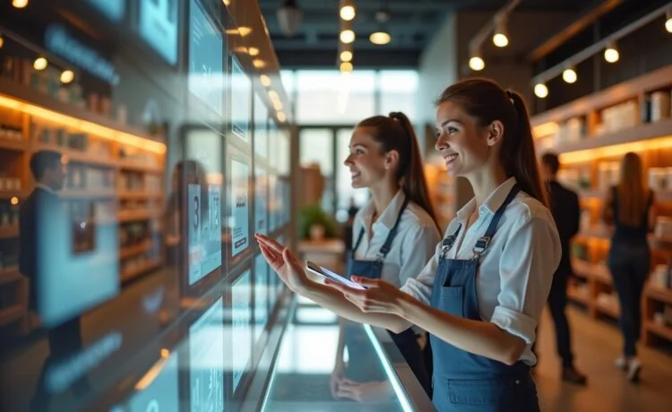 Ein warm beleuchteter, moderner Einzelhandelsladen mit freundlich lächelnden Mitarbeiterinnen und Kunden, die interaktiv an digitalen Touchscreens Produkte entdecken, während im Hintergrund natürliches Tageslicht durch große Fenster fällt und ein Gefühl von Innovation, Vertrauen und persönlicher Beratung vermittelt wird.