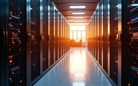 Ein hell erleuchteter, moderner Serverraum mit endlosen Reihen von glänzenden Hochleistungs-GPUs und Kabeln, in dem warmes Tageslicht durch große Fenster fällt und die innovative Technologie des MIT-Supercomputers TX-GAIN in einer einladenden, zukunftsweisenden Atmosphäre erstrahlen lässt.