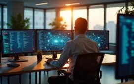 Ein hell erleuchtetes, modernes Büro mit warmem Tageslicht, in dem reflektierende Bildschirme subtile Schatten werfen und ein konzentrierter IT-Experte in legerer Kleidung vor mehreren Monitoren sitzt, die komplexe digitale Netzwerke zeigen – eine atmosphärische Momentaufnahme, die technologische Macht und Verantwortung in der globalen Cybersecurity widerspiegelt.