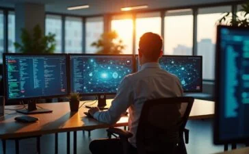 Ein hell erleuchtetes, modernes Büro mit warmem Tageslicht, in dem reflektierende Bildschirme subtile Schatten werfen und ein konzentrierter IT-Experte in legerer Kleidung vor mehreren Monitoren sitzt, die komplexe digitale Netzwerke zeigen – eine atmosphärische Momentaufnahme, die technologische Macht und Verantwortung in der globalen Cybersecurity widerspiegelt.