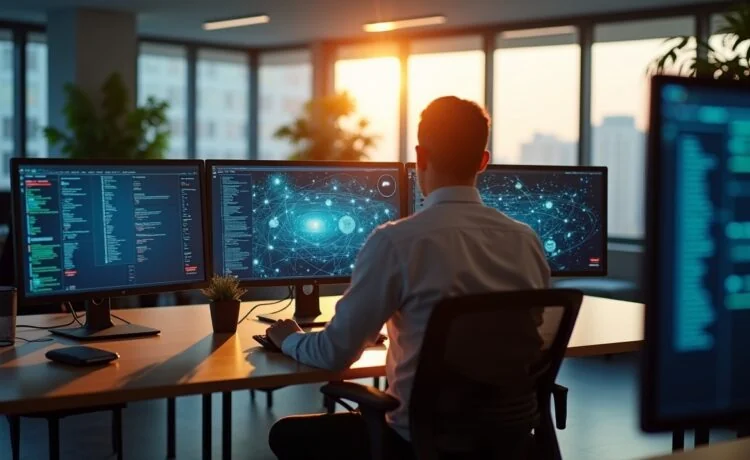 Ein hell erleuchtetes, modernes Büro mit warmem Tageslicht, in dem reflektierende Bildschirme subtile Schatten werfen und ein konzentrierter IT-Experte in legerer Kleidung vor mehreren Monitoren sitzt, die komplexe digitale Netzwerke zeigen – eine atmosphärische Momentaufnahme, die technologische Macht und Verantwortung in der globalen Cybersecurity widerspiegelt.