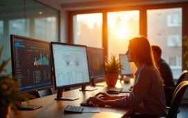 Ein warm erleuchtetes, modernes Büro mit entspannt konzentrierten Forschenden, die vor Bildschirmen komplexe mathematische Modelle und Diagramme analysieren, während sanftes Tageslicht durch große Fenster fällt und eine Atmosphäre von Hoffnung und kooperativem Fortschritt schafft.