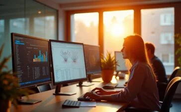 Ein warm erleuchtetes, modernes Büro mit entspannt konzentrierten Forschenden, die vor Bildschirmen komplexe mathematische Modelle und Diagramme analysieren, während sanftes Tageslicht durch große Fenster fällt und eine Atmosphäre von Hoffnung und kooperativem Fortschritt schafft.