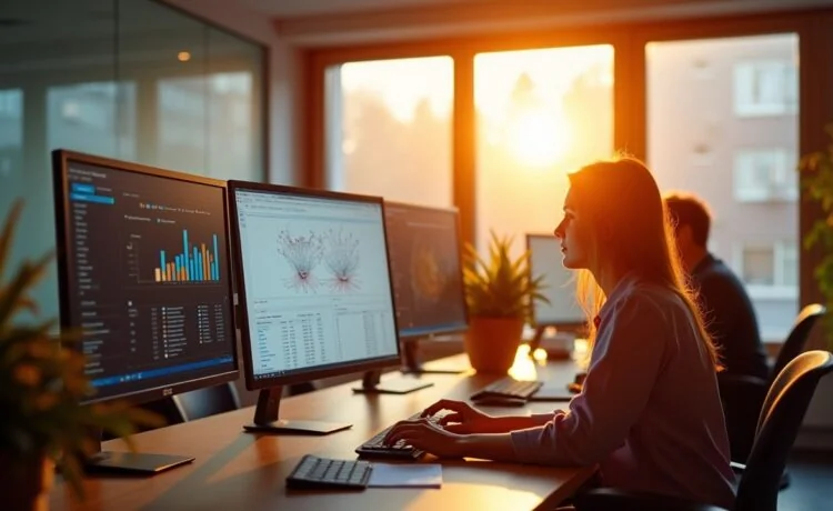Ein warm erleuchtetes, modernes Büro mit entspannt konzentrierten Forschenden, die vor Bildschirmen komplexe mathematische Modelle und Diagramme analysieren, während sanftes Tageslicht durch große Fenster fällt und eine Atmosphäre von Hoffnung und kooperativem Fortschritt schafft.