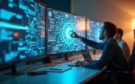 Ein lichtdurchflutetes, modern eingerichtetes Büro mit einem lächelnden Team aus unterschiedlichen Fachleuten, die angeregt an einem futuristischen Bildschirm mit komplexen KI-Diagrammen arbeiten, strahlt Wärme und kollegiale Zuversicht aus und symbolisiert die verantwortungsbewusste Entwicklung der nächsten Generation intelligenter, sicherer KI-Agenten.