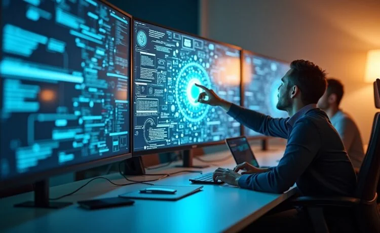 Ein lichtdurchflutetes, modern eingerichtetes Büro mit einem lächelnden Team aus unterschiedlichen Fachleuten, die angeregt an einem futuristischen Bildschirm mit komplexen KI-Diagrammen arbeiten, strahlt Wärme und kollegiale Zuversicht aus und symbolisiert die verantwortungsbewusste Entwicklung der nächsten Generation intelligenter, sicherer KI-Agenten.