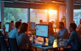 Ein modernes, hell erleuchtetes Büro mit vielfältigen Menschen, die konzentriert in einer freundlichen Atmosphäre gemeinsam an digitalen Infrastrukturprojekten arbeiten, umgeben von Bildschirmen mit schematischen Grafiken und dezent im Hintergrund ein stilisiertes Deutschland-Flaggenmotiv, das Wärme und Zuversicht für digitale Souveränität ausstrahlt.