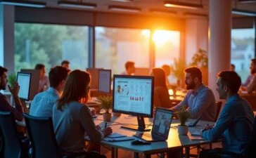 Ein modernes, hell erleuchtetes Büro mit vielfältigen Menschen, die konzentriert in einer freundlichen Atmosphäre gemeinsam an digitalen Infrastrukturprojekten arbeiten, umgeben von Bildschirmen mit schematischen Grafiken und dezent im Hintergrund ein stilisiertes Deutschland-Flaggenmotiv, das Wärme und Zuversicht für digitale Souveränität ausstrahlt.