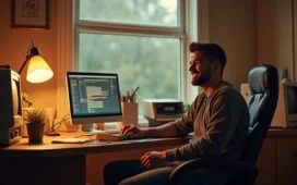 Ein warm beleuchtetes, einladendes Arbeitszimmer mit einem lächelnden Entwickler, der liebevoll vor einem klassischen Commodore 64 sitzt, umgeben von Retro-Computern, Notizen und sanftem Tageslicht, das die nostalgische Atmosphäre einer kreativen Reise in die digitale Vergangenheit einfängt.