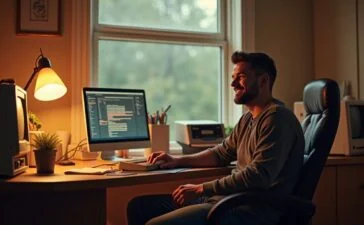 Ein warm beleuchtetes, einladendes Arbeitszimmer mit einem lächelnden Entwickler, der liebevoll vor einem klassischen Commodore 64 sitzt, umgeben von Retro-Computern, Notizen und sanftem Tageslicht, das die nostalgische Atmosphäre einer kreativen Reise in die digitale Vergangenheit einfängt.