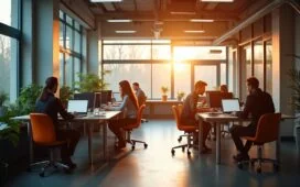 Ein hell erleuchtetes, modernes Entwicklerbüro mit freundlichen Programmierern, die konzentriert an Laptops arbeiten, während natürliches Tageslicht durch große Fenster fällt und eine warme, kooperative Atmosphäre moderner Webentwicklung mit Symfony vermittelt.