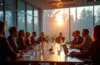 Ein hell erleuchteter, moderner Konferenzraum mit fokussierten IT-Experten unterschiedlicher Herkunft, die lebhaft über Cybersicherheit diskutieren, während natürliche Sonnenstrahlen die warme Atmosphäre unterstreichen und digitale Vernetzung im Hintergrund subtil angedeutet ist.