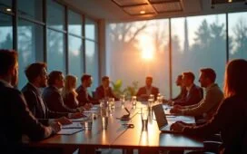 Ein hell erleuchteter, moderner Konferenzraum mit fokussierten IT-Experten unterschiedlicher Herkunft, die lebhaft über Cybersicherheit diskutieren, während natürliche Sonnenstrahlen die warme Atmosphäre unterstreichen und digitale Vernetzung im Hintergrund subtil angedeutet ist.