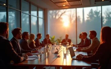 Ein hell erleuchteter, moderner Konferenzraum mit fokussierten IT-Experten unterschiedlicher Herkunft, die lebhaft über Cybersicherheit diskutieren, während natürliche Sonnenstrahlen die warme Atmosphäre unterstreichen und digitale Vernetzung im Hintergrund subtil angedeutet ist.