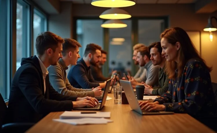 Ein helle, warm ausgeleuchtete Büroszene mit jungen und erfahrenen Fachkräften in entspannter, fokussierter Diskussion vor Laptops und digitalen Tools, die den Dialog und das gegenseitige Lernen über Künstliche Intelligenz in deutschen Unternehmen authentisch widerspiegelt.