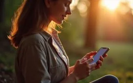 Eine helle, freundliche Szene mit einer Person, die in natürlichem Tageslicht entspannt ihr modernes Smartphone nutzt, während sanfte Schatten und warme Farbtöne eine vertrauensvolle Atmosphäre von Sicherheit, Innovation und digitalem Schutz vermitteln.