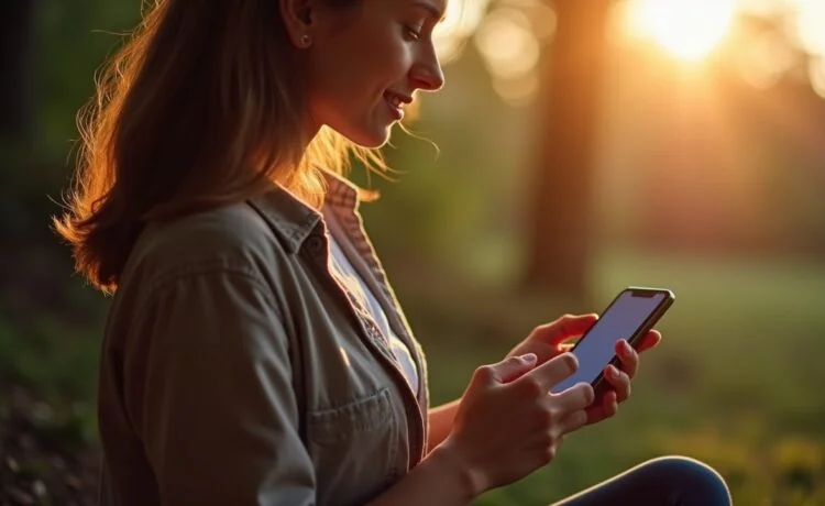 Eine helle, freundliche Szene mit einer Person, die in natürlichem Tageslicht entspannt ihr modernes Smartphone nutzt, während sanfte Schatten und warme Farbtöne eine vertrauensvolle Atmosphäre von Sicherheit, Innovation und digitalem Schutz vermitteln.