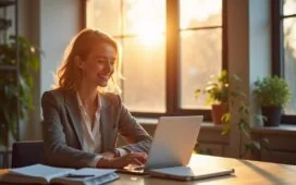 In einem hell erleuchteten, modernen Büro sitzt eine dynamische Frau entspannt vor ihrem Laptop, umgeben von Notizen und einem aufgeschlagenen Buch, während warmes Sonnenlicht durch große Fenster fällt und eine Atmosphäre von Zuversicht und Fortschritt im digitalen Wandel schafft.