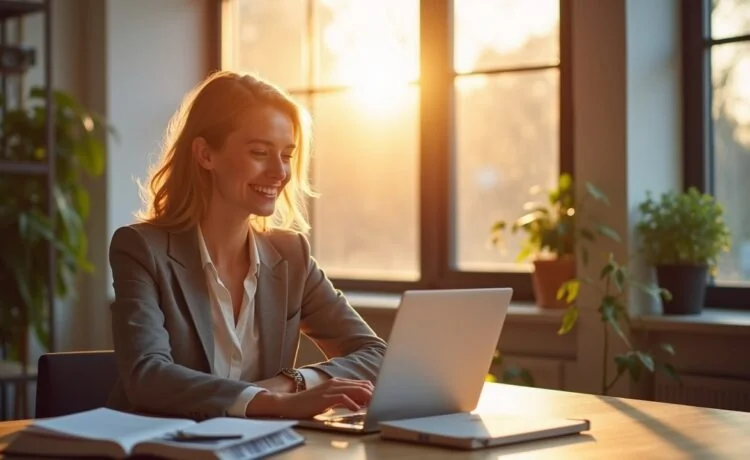 In einem hell erleuchteten, modernen Büro sitzt eine dynamische Frau entspannt vor ihrem Laptop, umgeben von Notizen und einem aufgeschlagenen Buch, während warmes Sonnenlicht durch große Fenster fällt und eine Atmosphäre von Zuversicht und Fortschritt im digitalen Wandel schafft.