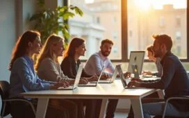 Helles, modernes Büro mit entspannten Mitarbeitenden unterschiedlichen Alters, die konzentriert und freundlich an Computern arbeiten, während warmes Tageslicht durch große Fenster fällt und eine Atmosphäre von Zuversicht und positiver Veränderung im Zeitalter der KI vermittelt.