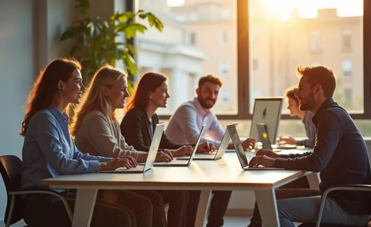 Helles, modernes Büro mit entspannten Mitarbeitenden unterschiedlichen Alters, die konzentriert und freundlich an Computern arbeiten, während warmes Tageslicht durch große Fenster fällt und eine Atmosphäre von Zuversicht und positiver Veränderung im Zeitalter der KI vermittelt.