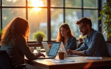 Ein heller, freundlicher Büroraum voller natürlich warmen Lichts, in dem Menschen unterschiedlichen Alters und Hintergrunds entspannt vor Laptops und Bildschirmen mit Börsendaten und Grafiken diskutieren – die lebendige Atmosphäre spiegelt Hoffnung und Vorsicht im dynamischen KI-Investmentmarkt wider.