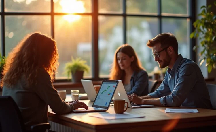 Ein heller, freundlicher Büroraum voller natürlich warmen Lichts, in dem Menschen unterschiedlichen Alters und Hintergrunds entspannt vor Laptops und Bildschirmen mit Börsendaten und Grafiken diskutieren – die lebendige Atmosphäre spiegelt Hoffnung und Vorsicht im dynamischen KI-Investmentmarkt wider.