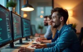 Ein scharf beleuchteter, moderner Arbeitsplatz mit einem freundlichen Entwicklerteam, das konzentriert an mehreren Bildschirmen mit Code und digitalen Sicherheitsgrafiken arbeitet, umgeben von warmem Tageslicht und einer einladenden Technologie-Atmosphäre, die Vertrauen und Wachsamkeit symbolisiert.