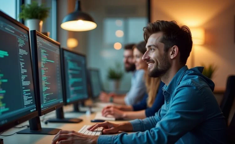 Ein scharf beleuchteter, moderner Arbeitsplatz mit einem freundlichen Entwicklerteam, das konzentriert an mehreren Bildschirmen mit Code und digitalen Sicherheitsgrafiken arbeitet, umgeben von warmem Tageslicht und einer einladenden Technologie-Atmosphäre, die Vertrauen und Wachsamkeit symbolisiert.