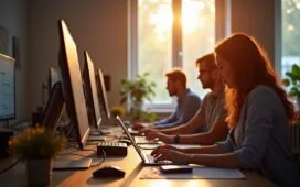 In einem hell erleuchteten, modernen Kreativstudio arbeiten Menschen konzentriert und lächelnd gemeinsam an digitalen Bildschirmen, während sanftes Tageslicht durch große Fenster fällt und eine warme, inspirierende Atmosphäre schafft, die den harmonischen Austausch zwischen Mensch und KI in kreativen Prozessen symbolisiert.