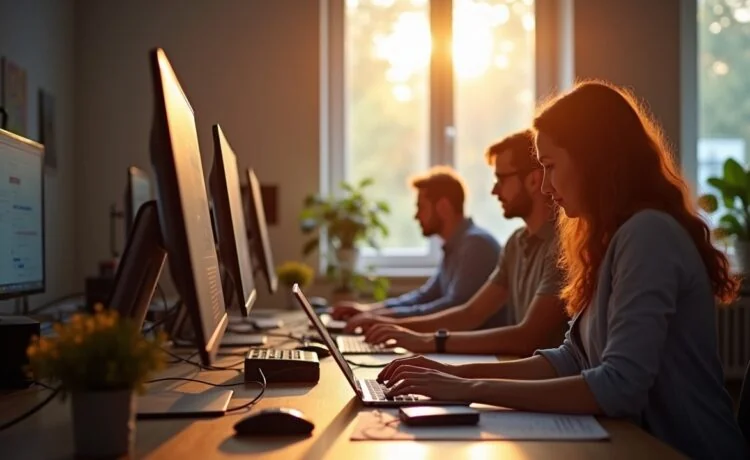 In einem hell erleuchteten, modernen Kreativstudio arbeiten Menschen konzentriert und lächelnd gemeinsam an digitalen Bildschirmen, während sanftes Tageslicht durch große Fenster fällt und eine warme, inspirierende Atmosphäre schafft, die den harmonischen Austausch zwischen Mensch und KI in kreativen Prozessen symbolisiert.