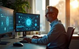 Ein modernes, lichtdurchflutetes Büro mit einem freundlichen IT-Sicherheitsexperten mittleren Alters, der konzentriert vor mehreren Bildschirmen sitzt, auf denen in natürlichem Licht komplexe Datenvisualisierungen und Netzwerksymbole zu erkennen sind, während durch ein großes Fenster warme Sonnenstrahlen ein einladendes, vertrauensvolles Ambiente schaffen und so die innovative Rolle von KI in der Cybersicherheit lebendig und zugänglich vermitteln.