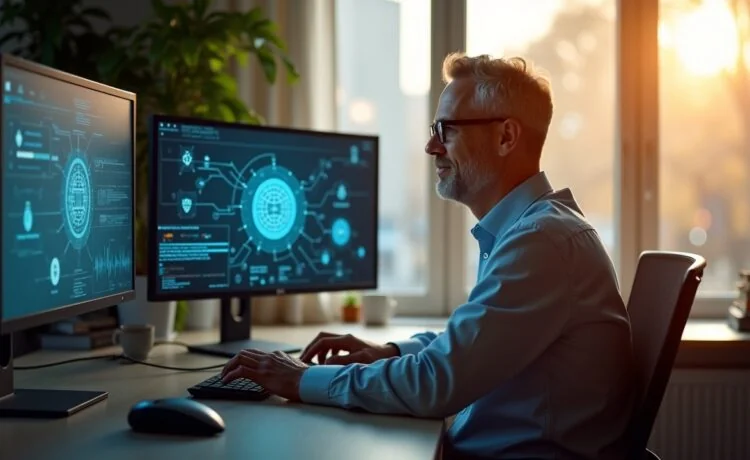 Ein modernes, lichtdurchflutetes Büro mit einem freundlichen IT-Sicherheitsexperten mittleren Alters, der konzentriert vor mehreren Bildschirmen sitzt, auf denen in natürlichem Licht komplexe Datenvisualisierungen und Netzwerksymbole zu erkennen sind, während durch ein großes Fenster warme Sonnenstrahlen ein einladendes, vertrauensvolles Ambiente schaffen und so die innovative Rolle von KI in der Cybersicherheit lebendig und zugänglich vermitteln.