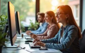 Ein strahlend helles, natürlich beleuchtetes Büroambiente mit fokussierten Fachleuten am Computer, die in kollegialer Atmosphäre an moderner digitaler Infrastruktur arbeiten – Wärme und Teamgeist spiegeln sich in lebendigen Details und freundlichen Gesichtern wider.