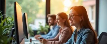 Ein strahlend helles, natürlich beleuchtetes Büroambiente mit fokussierten Fachleuten am Computer, die in kollegialer Atmosphäre an moderner digitaler Infrastruktur arbeiten – Wärme und Teamgeist spiegeln sich in lebendigen Details und freundlichen Gesichtern wider.