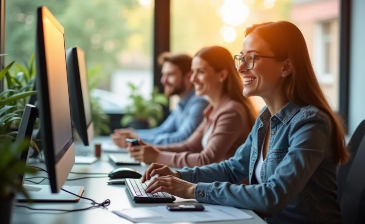 Ein strahlend helles, natürlich beleuchtetes Büroambiente mit fokussierten Fachleuten am Computer, die in kollegialer Atmosphäre an moderner digitaler Infrastruktur arbeiten – Wärme und Teamgeist spiegeln sich in lebendigen Details und freundlichen Gesichtern wider.