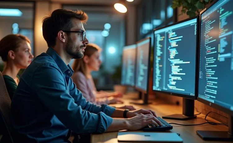 Ein warm beleuchtetes, modernes Büro mit motivierten Softwareentwicklern und Data Scientists in lebendiger Teamarbeit, umgeben von Bildschirmen mit komplexen Code- und Diagrammansichten, die konzentriert an KI-gestütztem Anforderungsmanagement und automatisierten Softwaretests arbeiten.