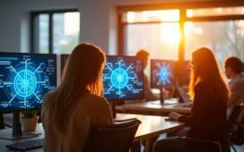 Ein lichtdurchflutetes, modernes Büro mit entspannten IT-Expert:innen, die an mehreren Bildschirmen komplexe Kubernetes-Cluster visualisieren, während durch große Fenster warme Sonnenstrahlen hereinfallen und eine Atmosphäre von Innovation, technischer Verbundenheit und europäischer Zusammenarbeit schaffen.