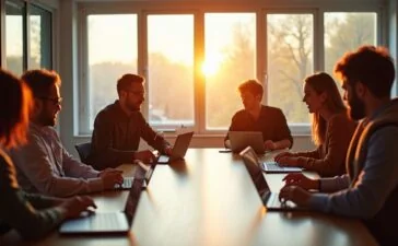 Ein hell erleuchteter moderner Konferenzraum mit entspannten IT-Profis unterschiedlichen Alters und Geschlechts, die lebhaft in kleiner Runde ihre Tablets und Laptops nutzen, während warmes Tageslicht durch große Fenster fällt und eine einladende Atmosphäre voller Austausch, Gemeinschaft und digitaler Innovation schafft.