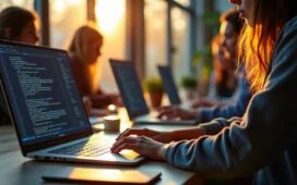 Ein hell erleuchteter, moderner Arbeitsplatz mit offenem Laptop, auf dessen Bildschirm lebendige Codezeilen und Framework-Symbole zu sehen sind, während eine vielseitige Gruppe von konzentrierten Entwickler*innen in warmer, natürlicher Tageslichtatmosphäre bei kreativer Zusammenarbeit neue Webprojekte plant.